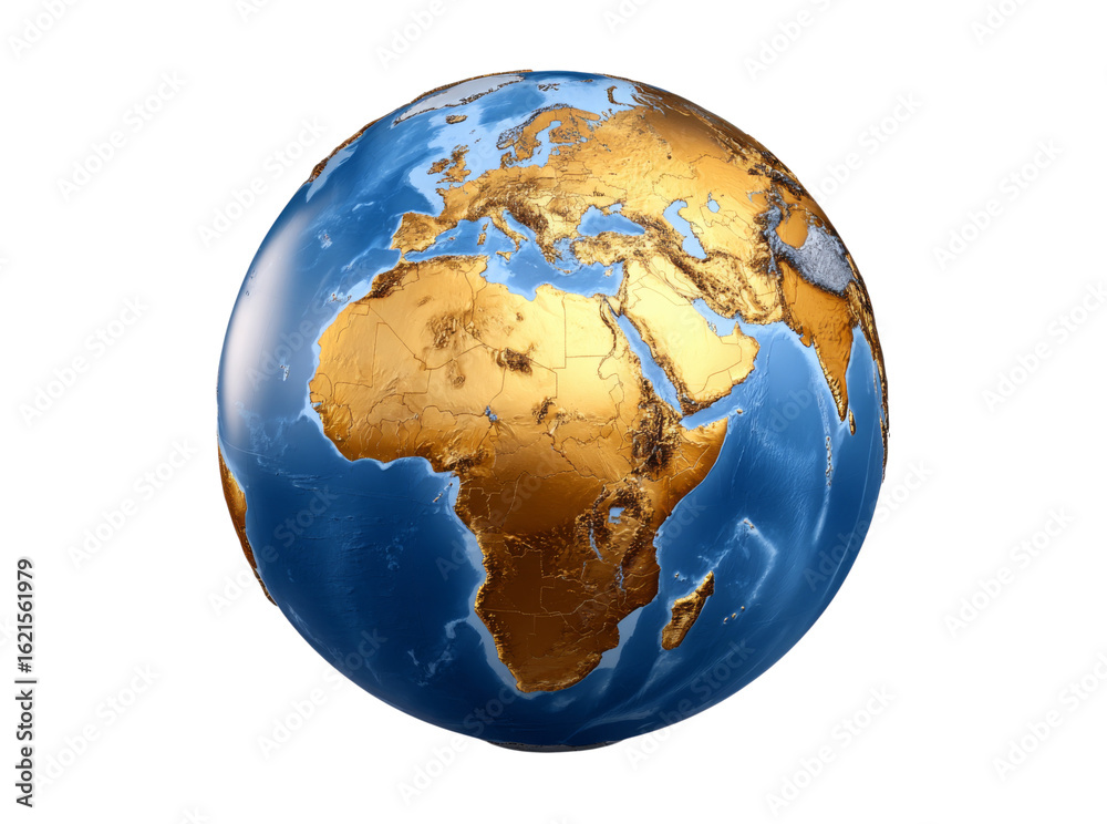 Fototapeta premium Golden earth globe map africa europe asia continents. Isolated On Transparent Background