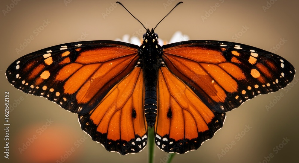 Fototapeta premium Monarch butterfly with wings spread wide resting on a white flower