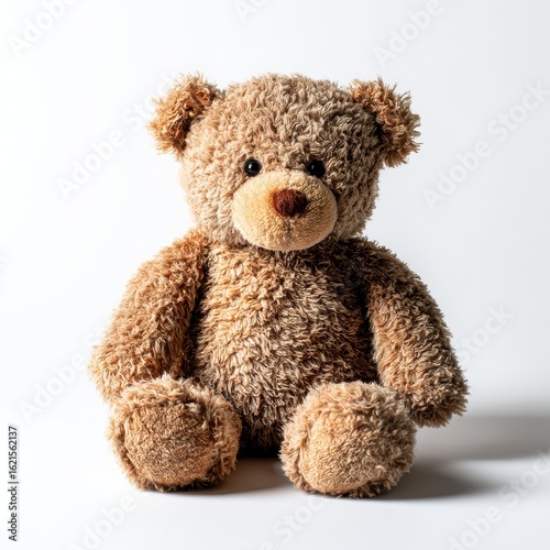 Fluffy brown teddy bear toy sitting on white background isolated on white background