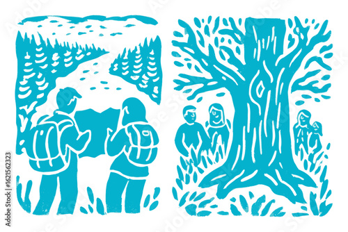 Scenic Nature Illustration of Hikers Enjoying the Outdoors and Exploration