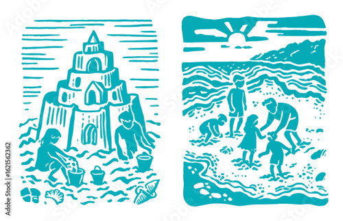 Children Playing at Beach with Sandcastle and Ocean Waves on Sunny Day