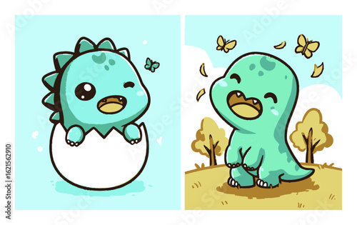 Cute Dinosaur Characters Hatching from Egg and Playing in Nature