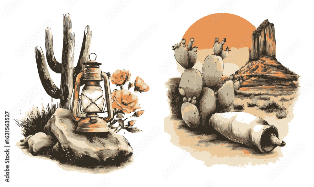 Obraz premium Rustic Desert Landscape with Lantern, Cacti, and Warm Sunset Elements