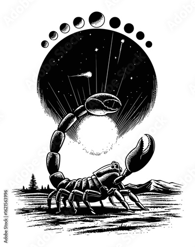 Detailed Engraving of a Scorpion Under a Celestial Night Sky