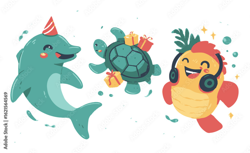 Obraz premium Colorful Cartoon Sea Animals Celebrating with Gifts and Party Accessories