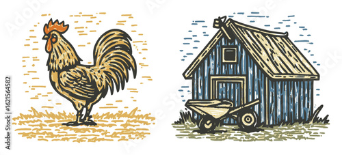 Vintage Style Rooster Next to Farmhouse and Wheelbarrow Illustration