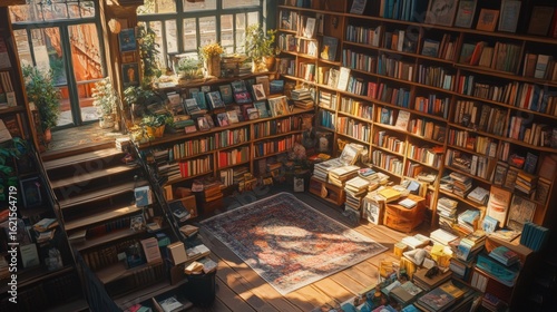 Cozy bookshop interior with sunlight and plants