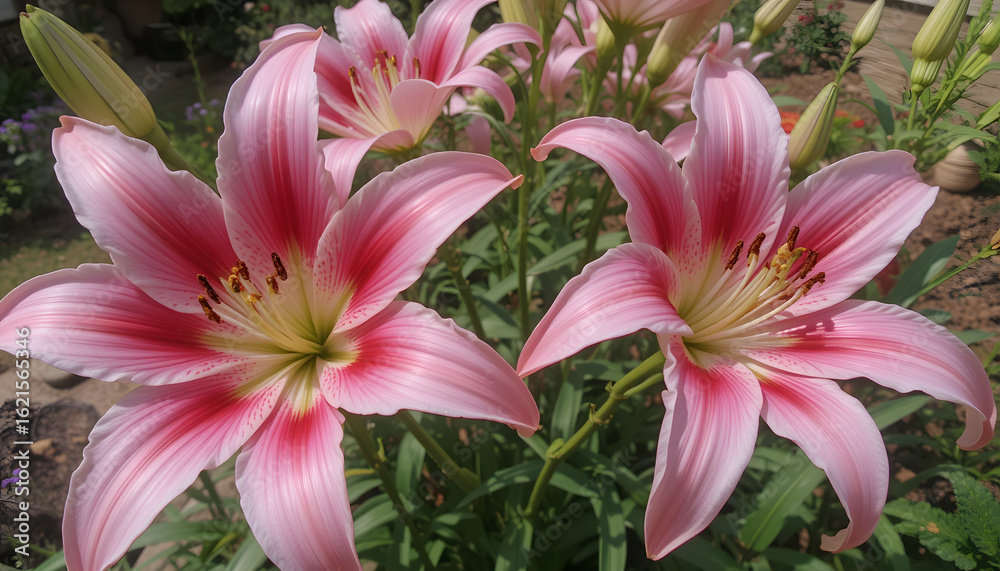 Fototapeta premium Cinematic photo of vibrant Stargazer Lilies with delicate pink petals and golden anthers, set in a lush green garden with warm lighting, shallow depth, and soft focus creating a serene, elegant mood