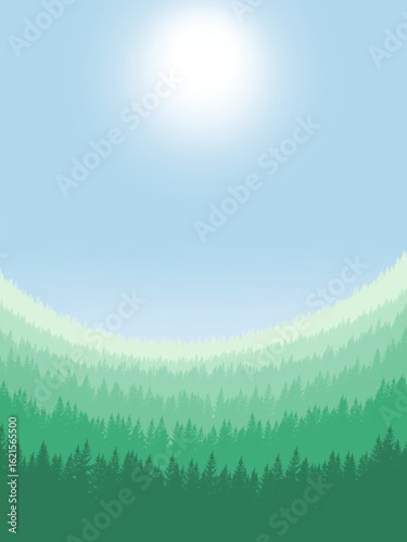 Sunny Pine Forest Landscape with Blue Sky and Bright White Sun – Daytime Illustration