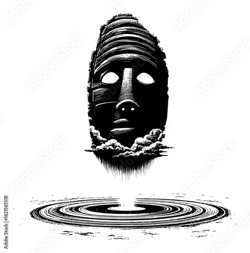 Intriguing Engraving of a Mysterious Mask Surrounded by Swirling Clouds