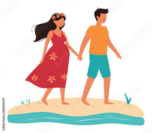 Happy Couple Walking on Beach with Expecting Mother Holding Hands