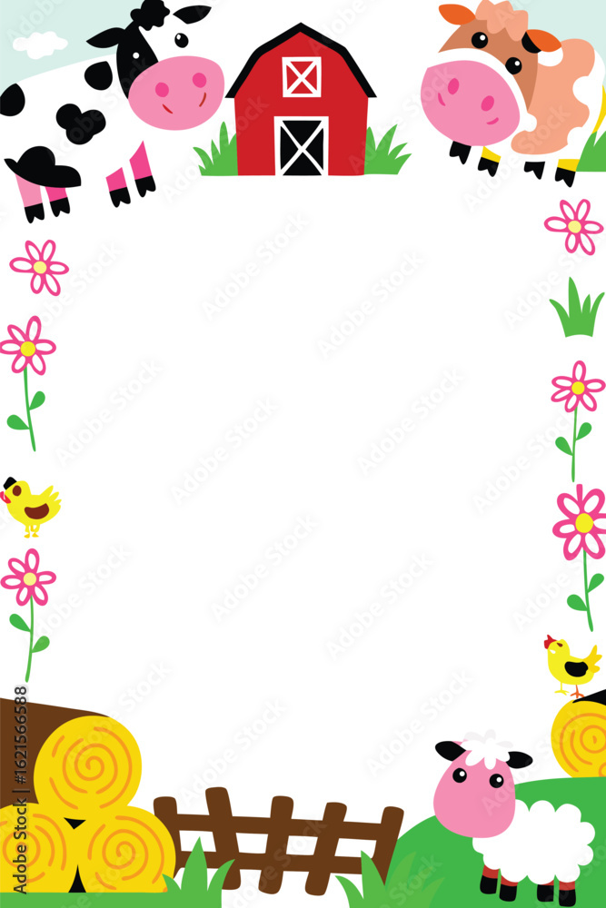 Fototapeta premium Farm Animals Vertical & Portrait Poster Template. Cute Cartoon & Doodle Frame with Blank Copy Space