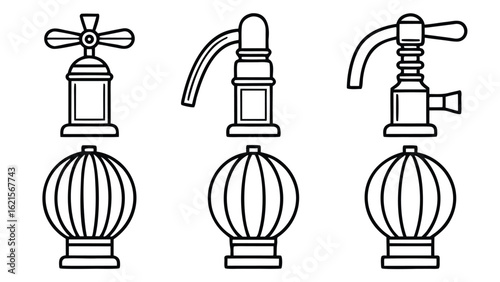 Collection of plumbing fixtures and water taps icons in black silhouette