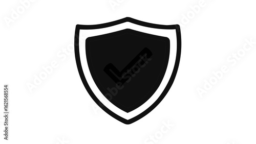 Black shield with a white outline containing a black checkmark in the center symbolizing security
