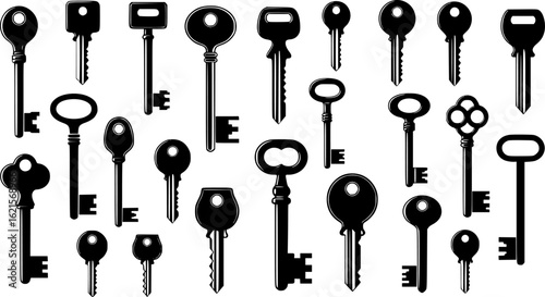 Set of black silhouettes of door keys on a white background