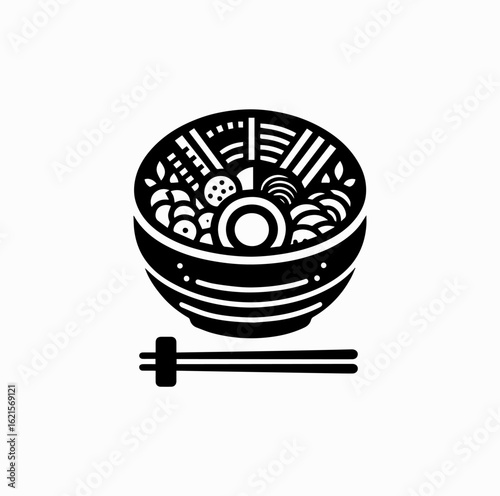 Minimalist Black Vector Logo of Bibimbap Bowl with Chopsticks Isolated on White Background