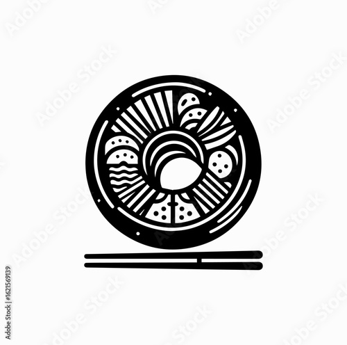 Minimalist Black Vector Logo of Bibimbap Bowl with Chopsticks Isolated on White Background