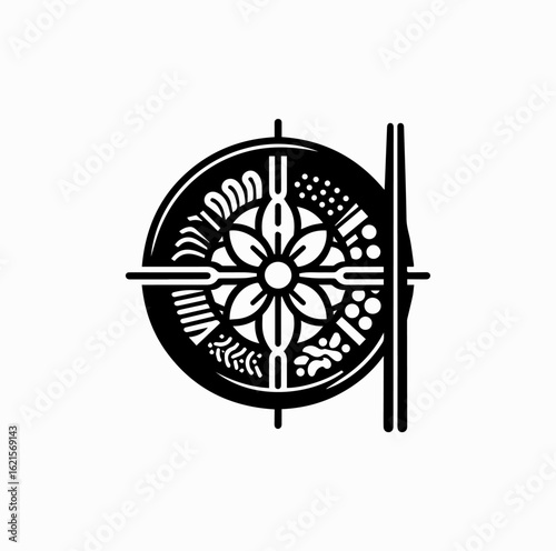 Minimalist Black Vector Logo of Bibimbap Bowl with Chopsticks Isolated on White Background