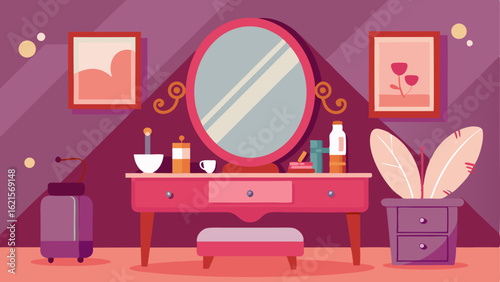 In the corner of the bedroom a vanity table is adorned with a vintage mirror and an array of delicate trinkets ready to be used for getting ready in the morning.