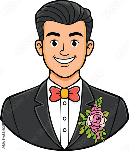 Smiling cartoon man in a tuxedo with a bow tie and boutonniere.