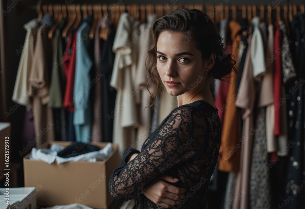 Obraz premium Costume designer thoughtfully arranging wardrobe pieces in a creative space