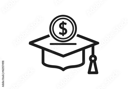 Vector art of a coin rests atop a graduation cap symbolizing investment in education and future financial success