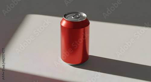 Minimalist beverage aesthetic: Red aluminum can casting shadows on a neutral surface