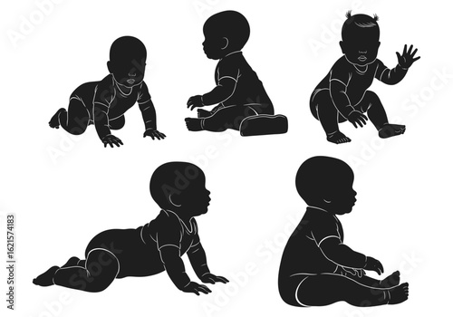 Vector art of silhouette illustrations showing the stages of a babys development from newborn to sitting up, isolated on a white background