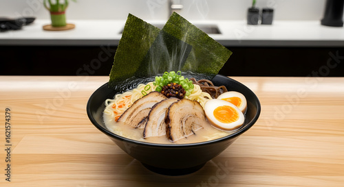 A delectable bowl of ramen, complete with pork, eggs, and seaweed, ready to be enjoyed.
