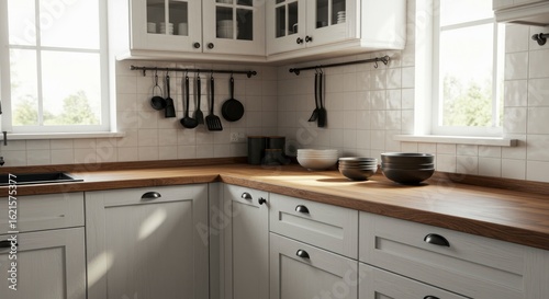 Bright kitchen with wooden countertop white cabinets tiled backsplash and hanging utensils