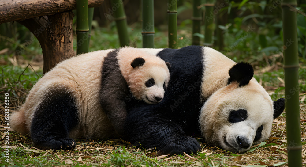 Obraz premium A Captivating Display of Maternal Affection: A Giant Panda Mom and Cub Cuddling in the Forest