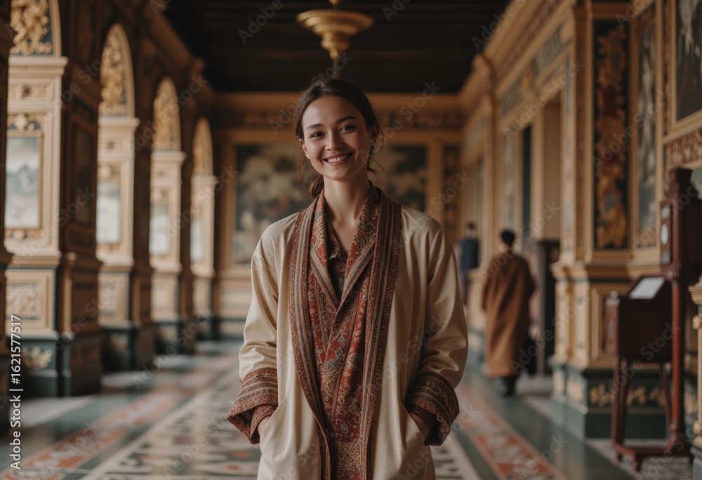 Naklejka premium Fashion lover in a layered ensemble at the Silk Road Museum, exuding travel-inspired elegance