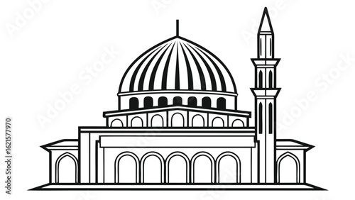 Architectural drawing of grand mosque with domes and minarets black and white outline style