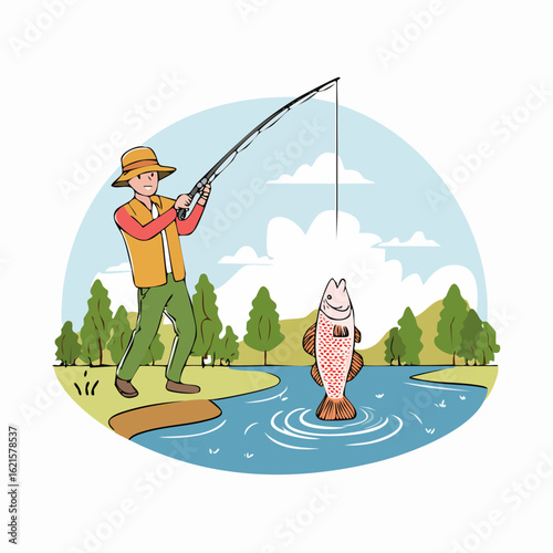 Hand-drawn fishing scene vector illustrations. Jumping trout and an angler casting a rod.