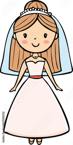 Cartoon illustration of a happy bride in a wedding dress and veil.