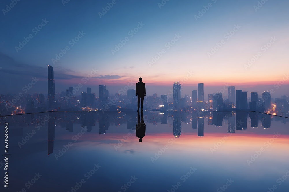 Fototapeta premium City skyline lone worker on rooftop back to camera professional reflection concept