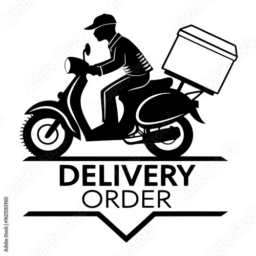 "Flat black silhouette of a motorbike courier, riding swiftly to the right. The rider wears a cap and the scooter has a large box on the rear. The words 'DELIVERY ORDER' are placed centrally below in 