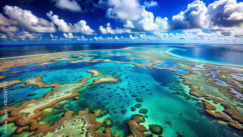 Fototapeta Naklejka Na Ścianę i Meble -  Aerial view of coral reef with turquoise water and blue sky with white clouds in the background