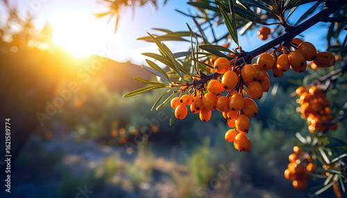 A vibrant cluster of sea buckthorn berries glows in the warm sunlight, creating a beautiful and natural scene.