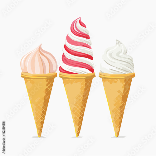 A vector set of five different ice cream treats. Popsicle, cone with scoops, layered pop, twist pop, soft serve. Ice cream illustrations.