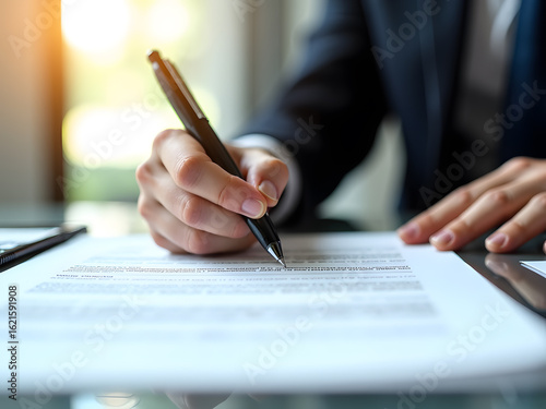 A person signing a document with a pen, likely a contract or agreement.