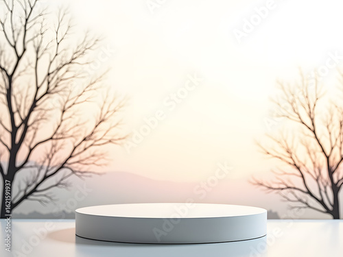 Clean, minimalist product display with a white platform against a soft, natural background with bare trees and a subtle sunset.