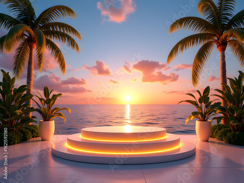 A tranquil coastal scene featuring a glowing platform, perfect for showcasing products against a stunning sunset backdrop.
