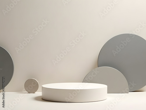A clean, minimalist scene with geometric shapes and a neutral color palette, ideal for product presentations.