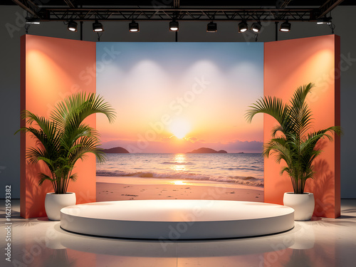 A serene product display stage with a beach sunset backdrop and lush tropical plants.