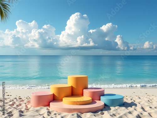 Colorful display platforms on a sandy beach with a tranquil ocean backdrop. Perfect for showcasing products in a serene, tropical setting.