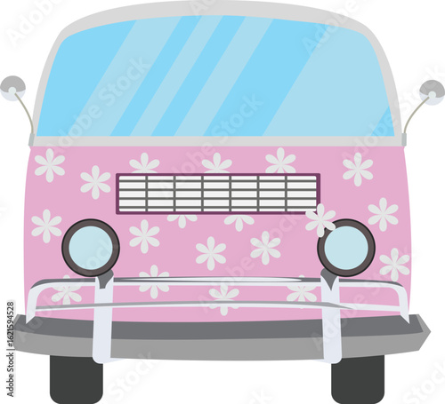 Pink Camper van with flowers vector design with front view of van illustration isolated on background.