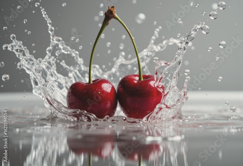 Fresh cherries splashing into water, creating a vibrant red splash and bubbles