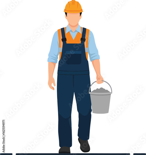 Construction worker in blue overalls and orange safety vest carrying a bucket of cement.