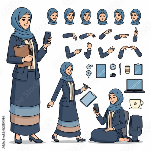 Professional Muslim businesswoman character set for presentations and modern business needs, dynamic poses